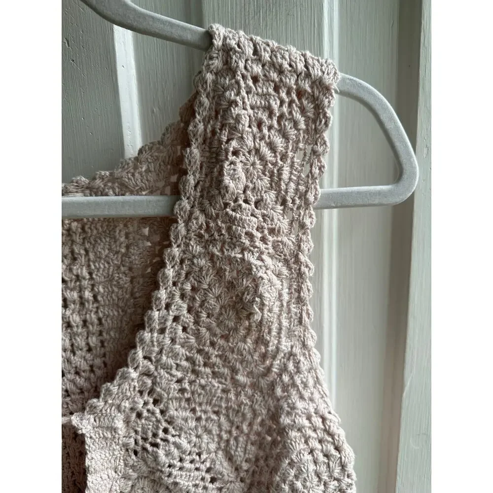 Lucky Brand Boho Crochet Tie-Front Cardigan Sweater Vest Pink Cotton Size M - Picture 5 of 9